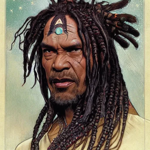 Image similar to Maori Tlingit Klingon with forehead crest and dreadlocks, alien bestiary by Greg Rutkowski, Wayne Barlowe, and Alphonse Mucha