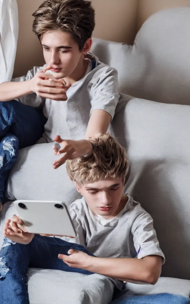 Image similar to a boy teenager watching tiktok during therapy