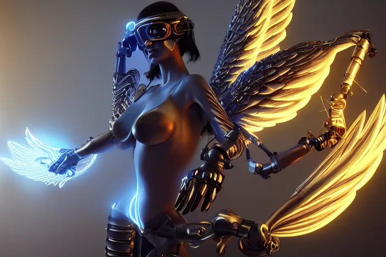 Prompt: cyberpunk angel with flaming wings concept, futuristic look, highly detailed body, very powerful, photorealistic camera shot, bright studio setting, studio lighting, crisp quality and light reflections, unreal engine 5 quality render