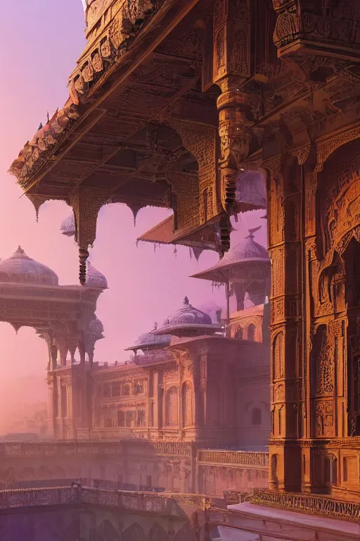 Image similar to old indian city with a breathtaking view of a magnificent maharajah palace at pink dawn, intricate, elegant, volumetric lighting, digital painting, highly detailed, artstation, sharp focus, illustration, concept art, ruan jia, steve mccurry