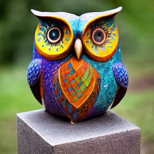 Prompt: symmetrical detailed sculpture of an owl, made of Colorful Sandstone