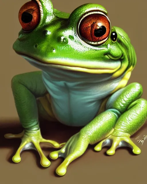 Image similar to semi realistic portrait of an anthropomorphic frog by Stanley Artgerm Lau, WLOP, Rossdraws, James Jean, Andrei Riabovitchev, Marc Simonetti, and Sakimichan, trending on artstation