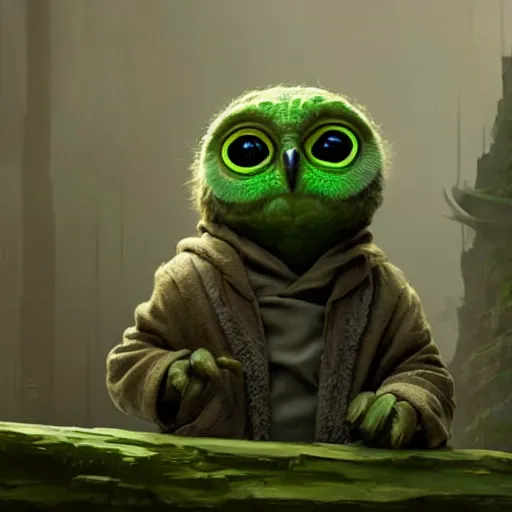 Prompt: a green owl with yoda ears greg rutkowski and jason chan highly detailed cinematic lighting octane render unreal engine