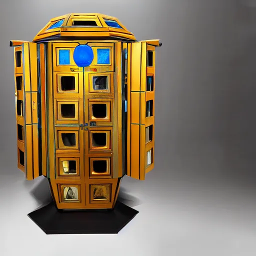 Prompt: Art Deco Tardis console, by buckminster fuller and syd mead, intricate contemporary architecture, photo journalism, photography, cinematic, national geographic photoshoot