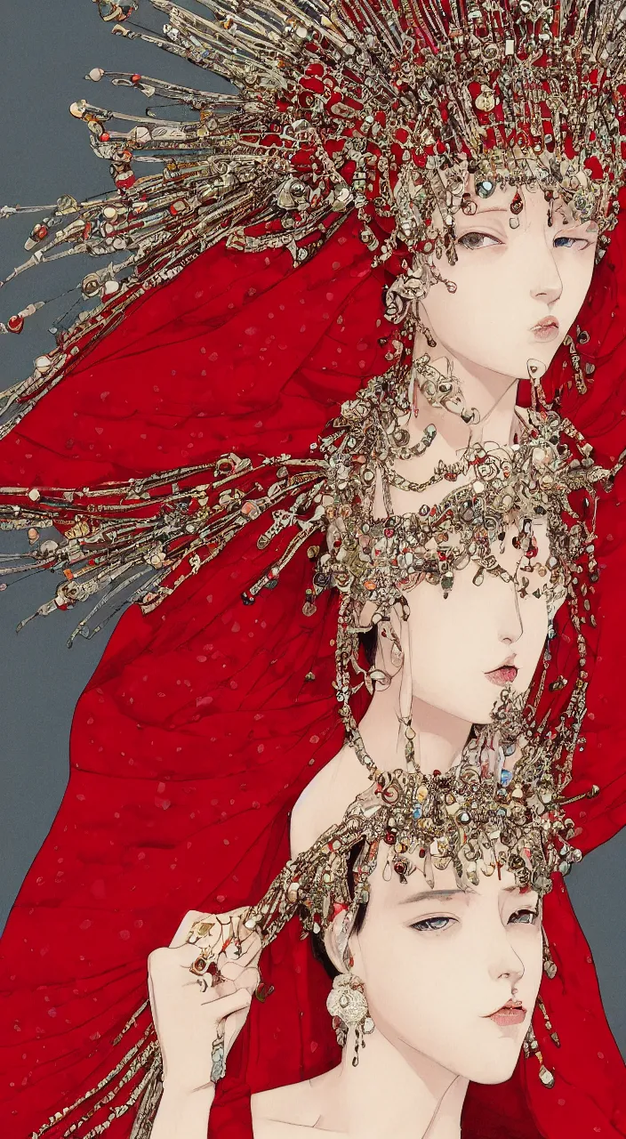 Image similar to a female character design wearing high fashion, beads hanging over her face like an alexander mcqueen headdress, haute couture, dior, and a red cape by kawase hasui, moebius, hd, 8 k, artstation, high quality, ultra detailed