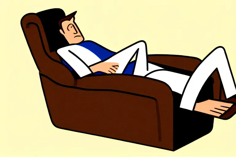 Image similar to an animated caucasian man relaxing on a brown reclined leather chair