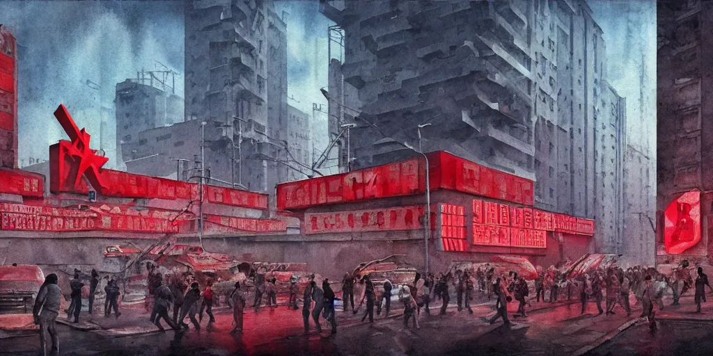 Prompt: landscape of a communist cyberpunk soviet city with neon hammer and sickle signs, crowds of people, brutalist architecture, watercolor, ultra realistic, highly detailed, hd, sharp focus, cinematic lighting, mood lighting, realistic, photorealistic, vivid colors, painting, photograph, digital art, non blurry, sharp, artstation, concept art, smooth, illustration