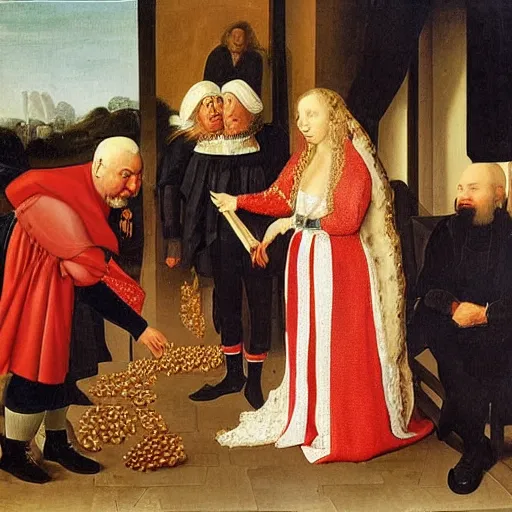 Prompt: painting of crouching Sara Netanyahu throwing peanuts at Benjamin Netanyahu, by Jan Van Eyck