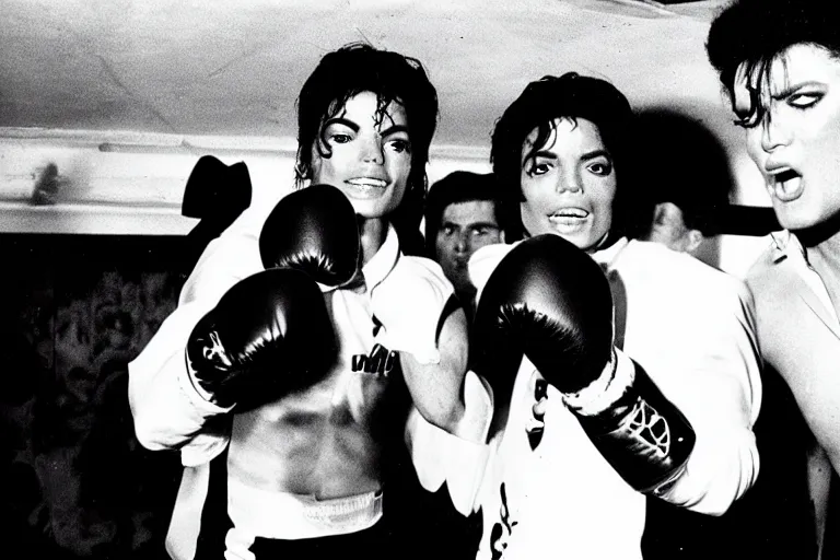 Image similar to michael jackson and elvis presley in the boxing ring