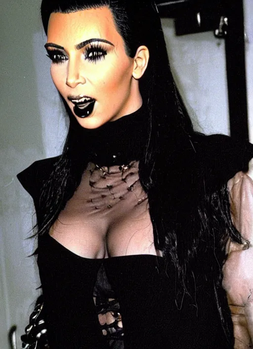 Image similar to candid photo of kim kardashian as a gothic vampire in the 1990s