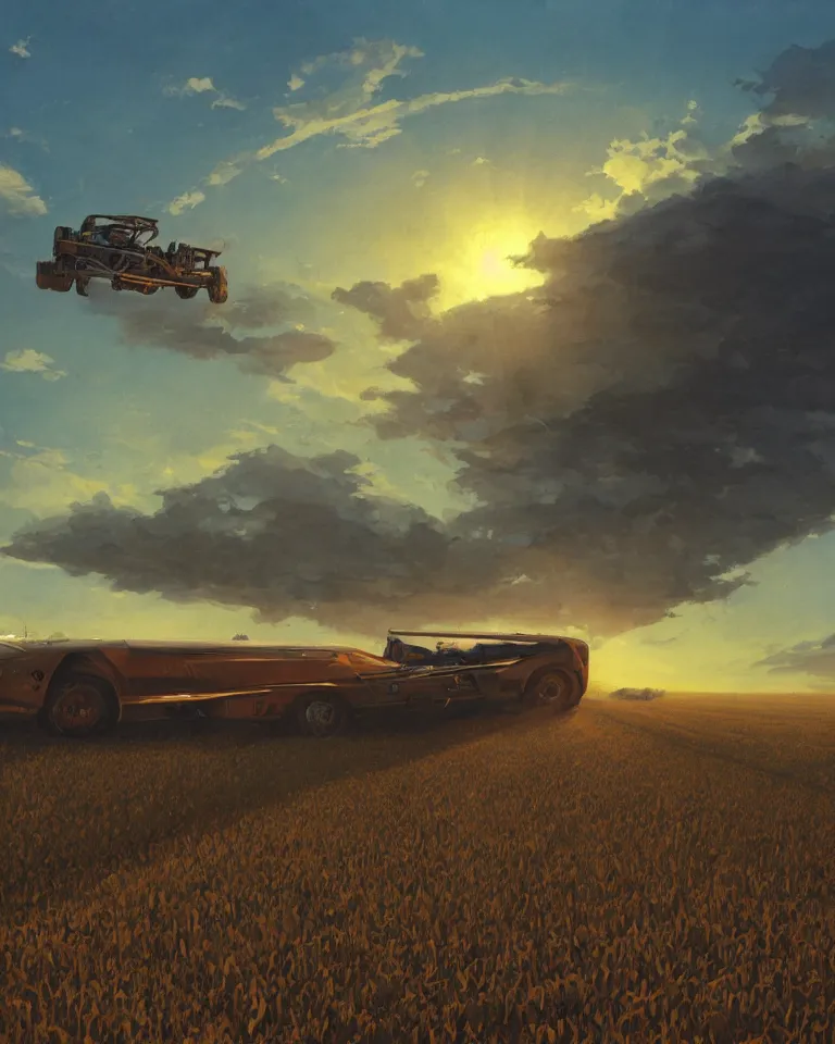 Image similar to wide shot of a tall and thin stepped object hovering vertically in the air ten feet above a cornfield, late afternoon, golden hour, dramatic lighting, cinematic, highly detailed, smooth, sharp focus, concept art by greg rutkowski and john berkey and syd mead