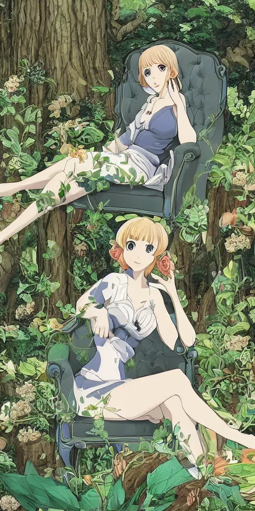 Image similar to a single queen sitting by herself on a sofa in a forest, drawn by CloverWorks, intricate detail, elegant, beauty