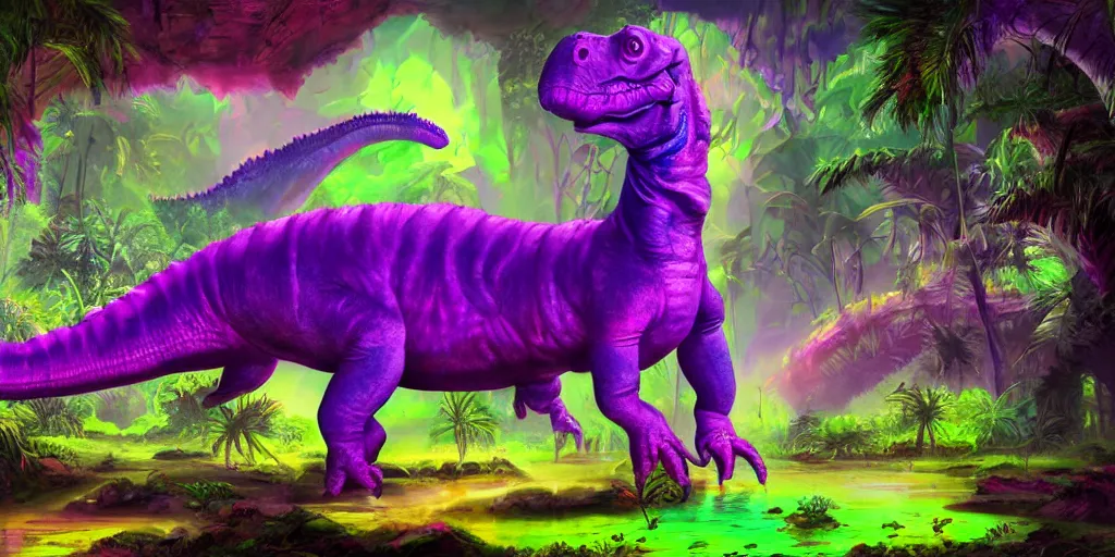 Prompt: spectral purple neon dinosaur, green jungle background, detailed, fantasy, oil painting, ultrawide landscape, concept art