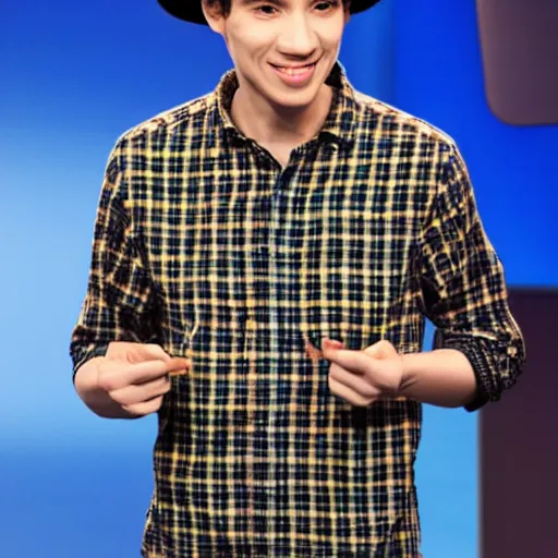 Prompt: a thin guy with an overbite wearing a beret and a plaid shirt on a quiz tv show