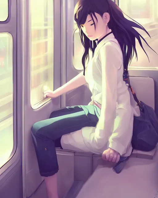 Image similar to a lonely girl riding the subway on her own, ambient lighting, full shot, detailed face, 3 d shading, by makoto shinkai, stanley artgerm lau, wlop, rossdraws