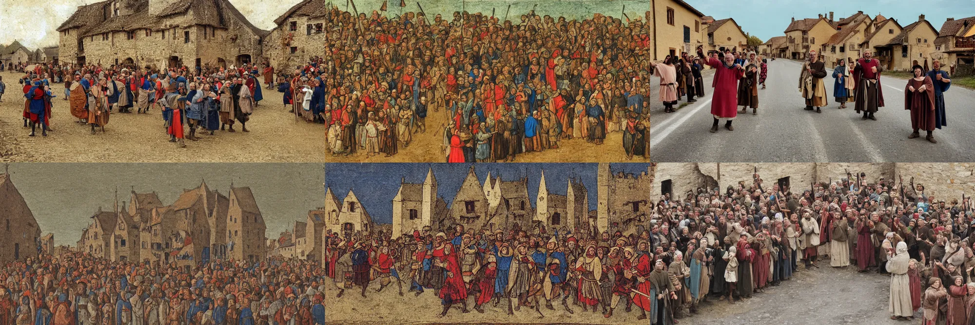 Prompt: close - up color photo of a small crowd of medieval villagers cheering towards camera, empty road in the middle, eye level view