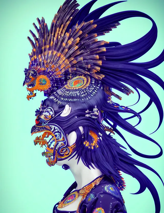 Image similar to 3 d goddess close - up profile portrait punk with mohawk with ram skull. beautiful intricately detailed japanese crow kitsune mask and clasical japanese kimono. betta fish, jellyfish phoenix, bio luminescent, plasma, ice, water, wind, creature, artwork by tooth wu and wlop and beeple and greg rutkowski