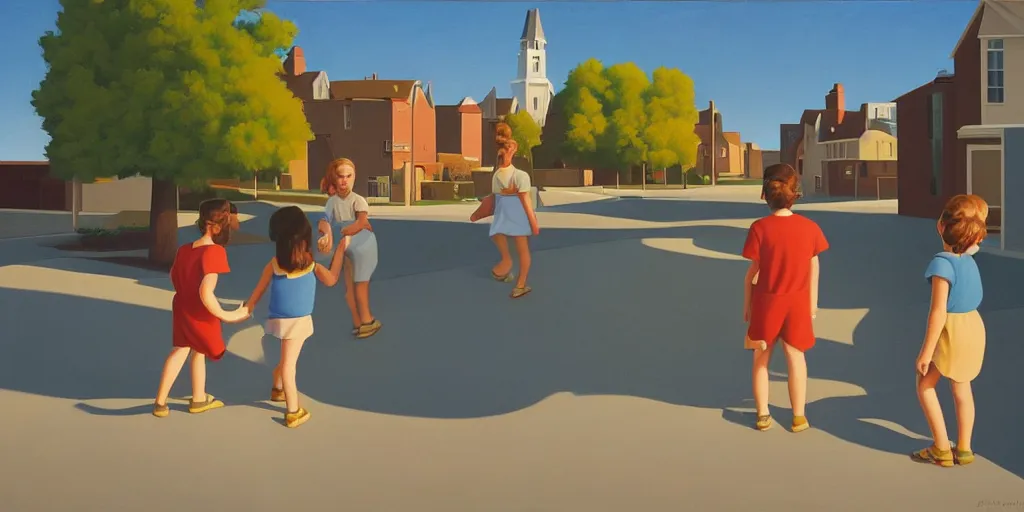 Prompt: quiet kids in the street, blue sky, summer evening, kenton nelson