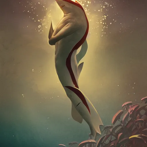 Image similar to great white shark, lower half traffic cone, full body, underwater background detailed atmospheric - ron cheng & alphonse mucha, highly detailed, digital painting, ray tracing, concept art, illustration, smooth sharp focus, intricate, symmetry, artstation,