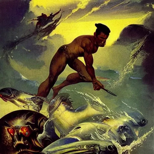 Prompt: a sardine in a can, by frank frazetta