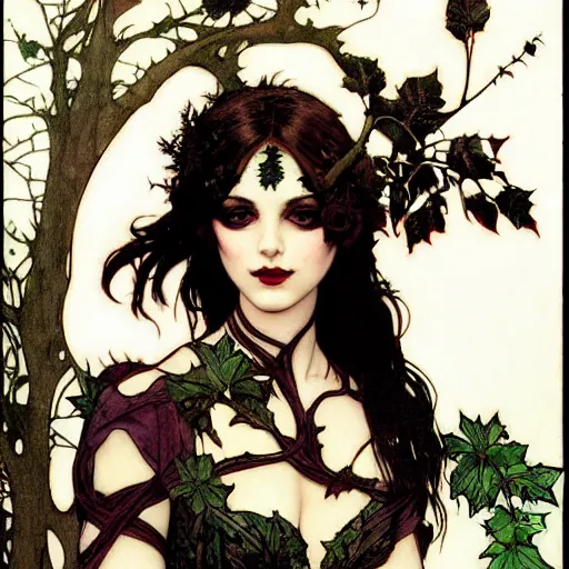 Image similar to a beautiful painting a goth girl dressed as a teenage poison ivy, dark eyeliner, intricate, elegant, highly detailed, digital painting, artstation, concept art, matte, sharp focus, illustration, art by rebecca guay and by arthur rackham and by alphonse mucha and by john william waterhouse