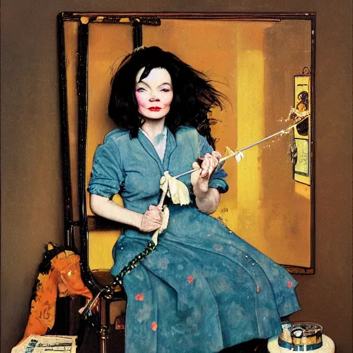 Image similar to a portrait painting of Bjork. Painted by Norman Rockwell