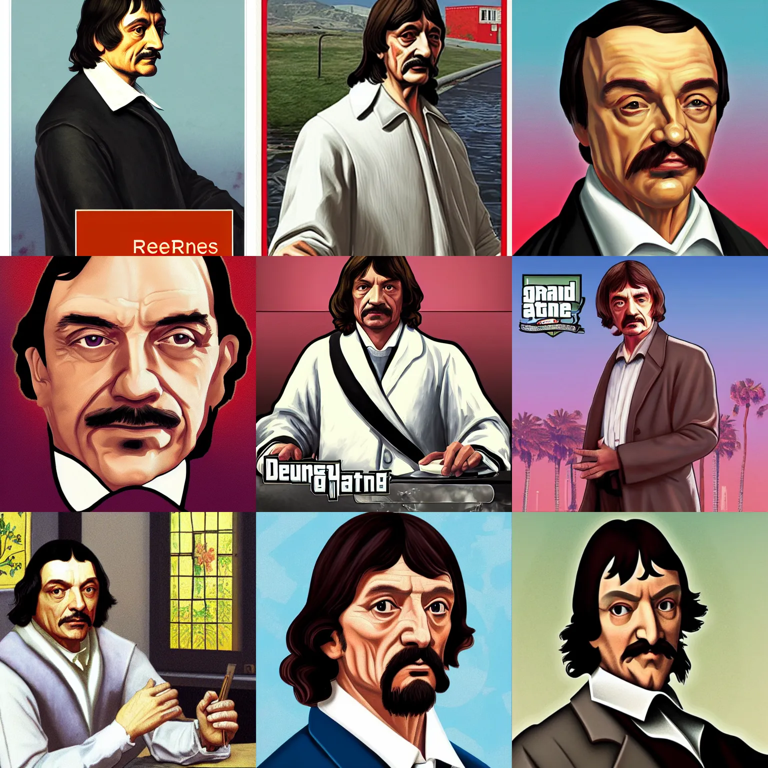 Prompt: rene descartes in gta v, cover art by stephen bliss