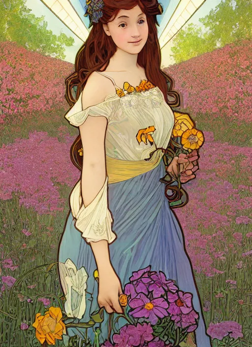 Image similar to well - lit art nouveau portrait of a 1 3 - year old girl wearing a sundress in a flower garden with lanterns at night, natural lighting, path traced, highly detailed, high quality, cartoon, digital painting, by don bluth and alphonse mucha and ross tran