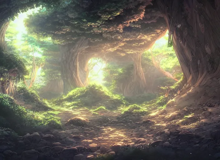 Prompt: A beautiful ultradetailed anime illustration of an underground cave filled with trees and a dim light shining in from the right, anime art wallpaper 4k, trending on artstation