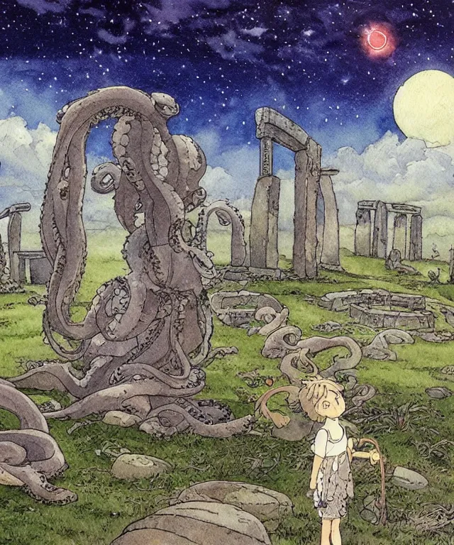 Image similar to a hyperrealist studio ghibli watercolor fantasy concept art. in the foreground is a giant grey octopus liting and putting stones in to place on top of stonehenge with a starry sky. by rebecca guay, michael kaluta, charles vess