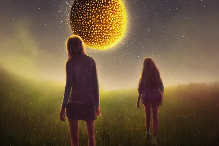 Image similar to giant sunflower head, girl walking in a moonlit forest, hills, surreal photography, dark night, star trails, dramatic light, impressionist painting, clouds, digital painting, artstation, simon stalenhag