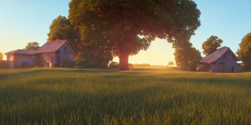 Image similar to a serene landscape with a singular building at sunrise, pixar style, octane render, unreal engine 5, path traced, highly detailed, high quality, 8 k, cartoon, high coherence, breathtaking landscape, soft lighting, godrays, complementary colors, natural lighting