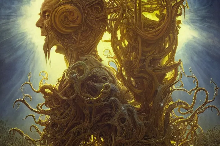 Image similar to a lovecraftian painting of the madness of the yellow king, cosmic horror elements, ultra realistic, concept art, intricate details, eerie, highly detailed, photorealistic, octane render, 8 k, unreal engine. art by artgerm and greg rutkowski and alphonse mucha