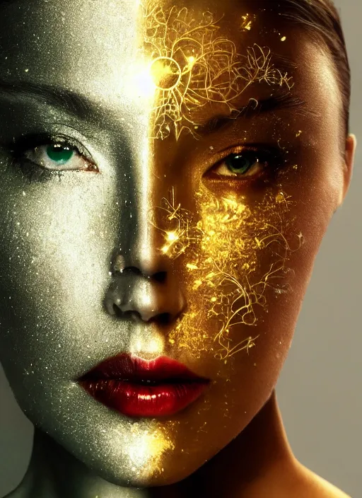 Image similar to double exposure effect, glowing silver and golden elements, full close-up portrait, realistic female model from shutterstock as a dark witch, book cover, green forest, white moon, red lips, establishing shot, extremly high detail, photo-realistic, cinematic lighting, pen and ink, intricate line drawings, by Yoshitaka Amano, Ruan Jia, Kentaro Miura, Artgerm, post processed, concept art, artstation, matte painting, style by eddie mendoza, raphael lacoste, alex ross