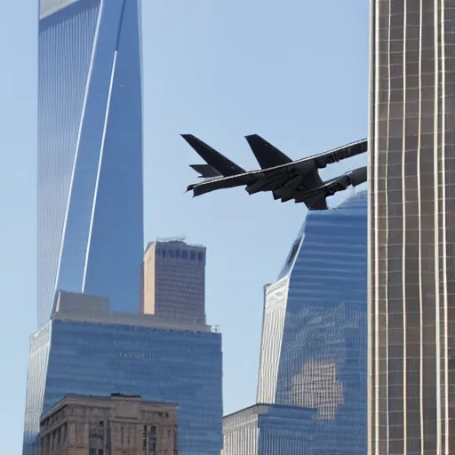 Image similar to Barney the Dinosaur flying a 777 right into one of the world trade center buildings