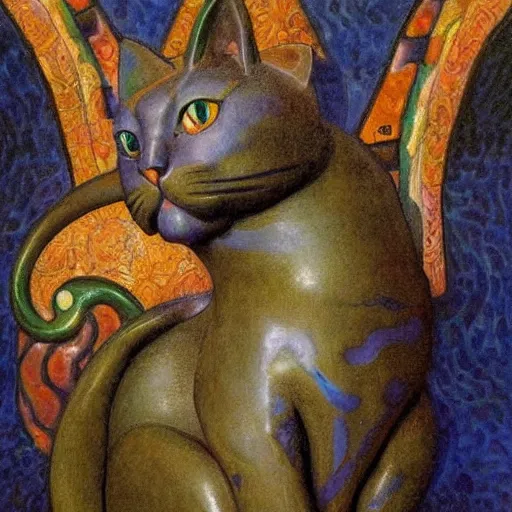 Image similar to masterpiece cloisonne cat sculpture, by annie swynnerton and diego rivera and nicholas roerich and jean delville and charlie bowater, symbolist, dramatic lighting, god rays, art brut, rich colors, smooth sharp focus, extremely detailed, adolf wolfli and ( donato giancola and bilibin )