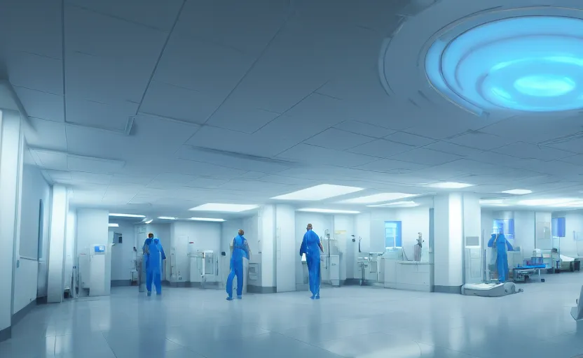 Image similar to a hospital with soft blue lights in the roof, octane render, artstation trending, highly detailded