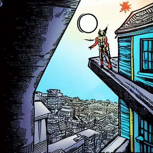 Prompt: a lurker of the shadows from the abyss standing on a roof top looking out at the night sky, comic book, detailed, realistic, colorful,