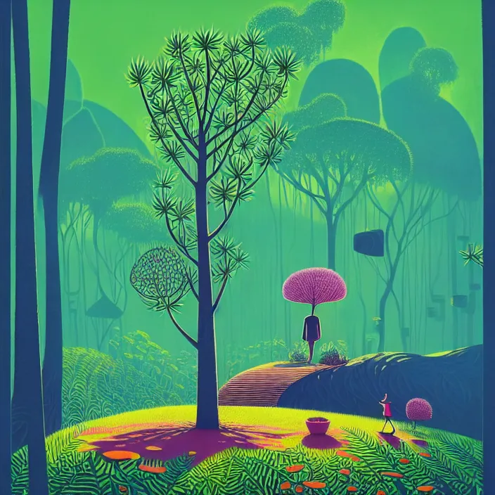 Image similar to ( ( ( gediminas pranckevicius ) ) ), stillness under bo tree in a jungle garden summer morning, very coherent and colorful high contrast art by james gilleard floralpunk screen printing woodblock, dark shadows, pastel color, hard lighting