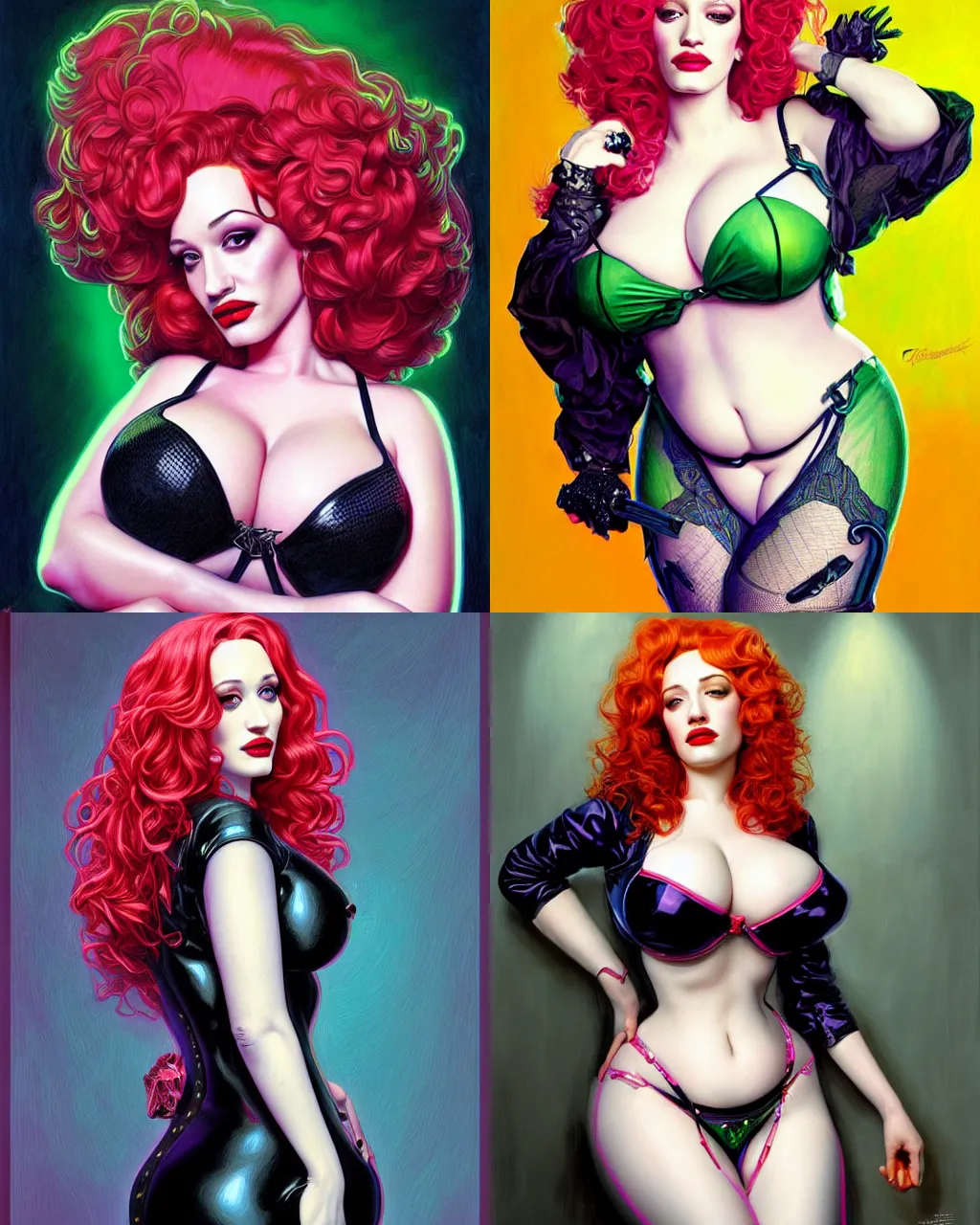 Prompt: sophisticated portrait of Christina Hendricks Kat Dennings Dolly Parton, neon cybergoth, voluptuous, elegance, highly detailed, shallow depth of field, Artstation, Artgerm, Donato Giancola and Joseph Christian Leyendecker