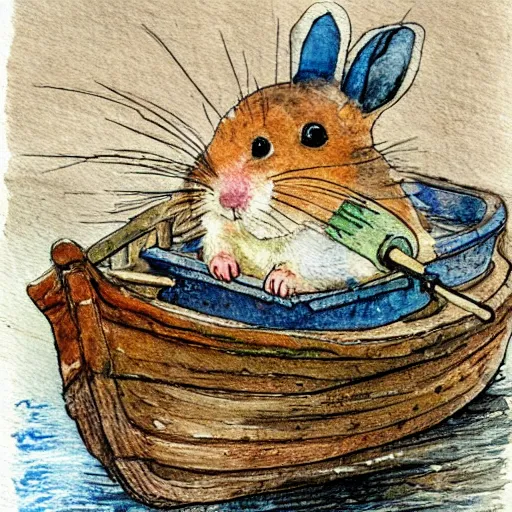 Image similar to a watercolor painting of a hamster in a boat by Beatrix Potter, behance, naive art, watercolor, storybook illustration, photoillustration