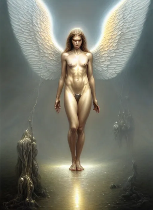 Image similar to an angel standing in front of man in rain, fine art, intricate, elegant, highly detailed, realistic hair, centered, digital painting, art station, conceptual art, soft, sharp focus, illustration, artwork, artgerm, tomasz alen kopera, peter mohrbacher, donato giancola, wlop, boris vallejo