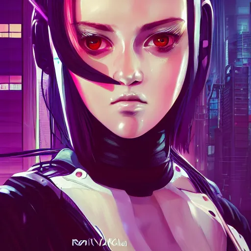 Image similar to A comic potrait of a cyberpunk cyborg girl with big and cute eyes, fine-face, realistic shaded perfect face, fine details. Night setting. Very anime style. Realistic shaded lighting poster by Ilya Kuvshinov katsuhiro, magali villeneuve, artgerm, Jeremy Lipkin and Michael Garmash, Rob Rey and Kentarõ Miura style, trending on art station