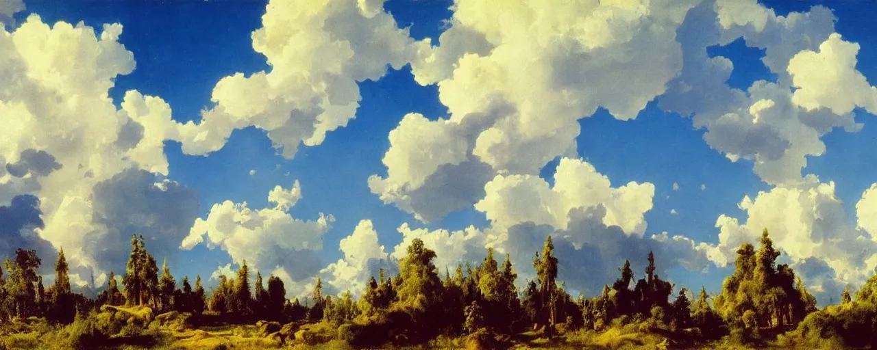 Image similar to disney illustrated background of blue sky huge clouds by eugene von guerard, ivan shishkin, john singer sargent