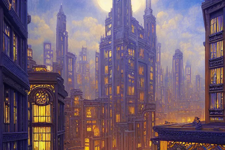 Prompt: beautiful painting of an art deco city, glowing windows. reflective detailed textures, elaborate geometric ornament and brushed steel, highly detailed dark fantasy science fiction painting by donato giancola and peter mohrbacher and nicholas roerich and diego rivera, silver and cool colors. artstation