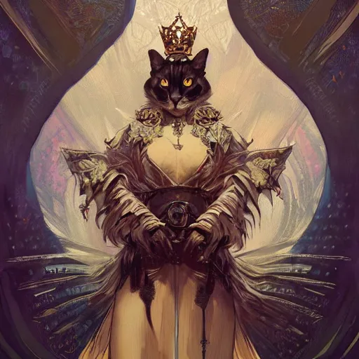 Image similar to A heraldic queen kitty cat with big cute eyes, D&D, fantasy, intricate, cinematic lighting, highly detailed, digital painting, artstation, concept art, smooth, sharp focus, illustration, art by Akihiko Yoshida, Greg Rutkowski and Alphonse Mucha