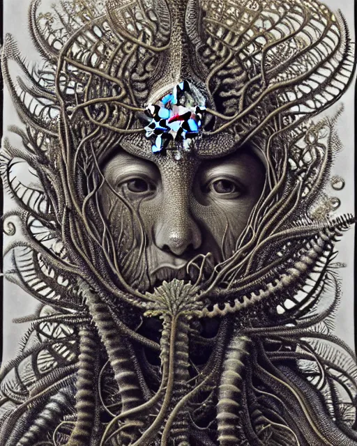 Prompt: realistic detailed underwater face portrait of the beautiful young god of the fish of the fractal waters with an intricate headgear of corals, sea kelp, sea plants, fish, starfish, jellyfish, art by ernst haeckel, zdzisław beksinski, hieronymus bosch, gothic, neo - gothic, ornamental, beautiful deep colours,