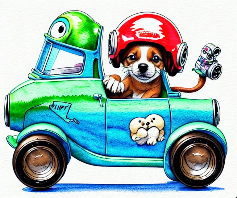 Prompt: cute and funny, puppy wearing a helmet riding in a tiny hot rod with an oversized engine, ratfink style by ed roth, centered award winning watercolor pen illustration, isometric illustration by chihiro iwasaki, edited by range murata, tiny details by artgerm and watercolor girl, symmetrically isometrically centered, sharply focused