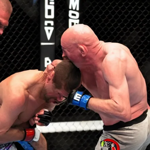 Image similar to jeff bezos fighting a hobo at ufc 2 6 9, photorealistic picture, dslr, 8 k, high fidelity, action shot