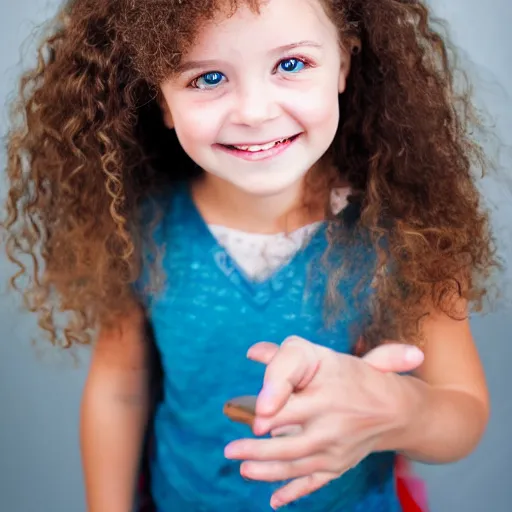 Image similar to high quality portrait photograph of a cute little girl with brown curly hair and blue eyes, smiling